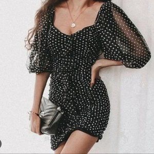 Zara rutched black and white polka dot dress
